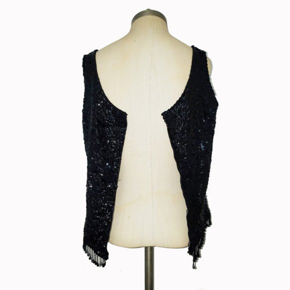 Vtg 60s Black Wool Sequined Hand Beaded Top M - Picture 9 of 10